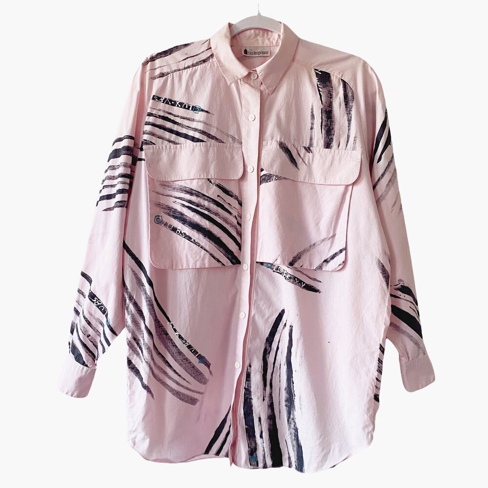 Vintage Design House Womens Size M/L Pink Abstract Art Long Sleeve Button Up